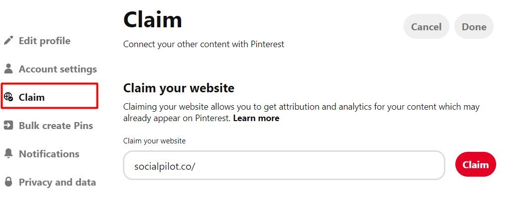 Claim your website on Pinterest option