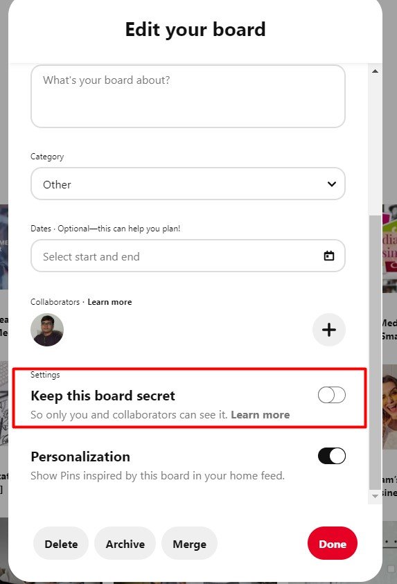 Pinterest Secret Board toggle button