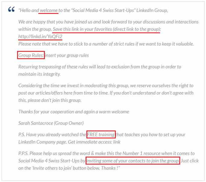 LinkedIn group welcome message