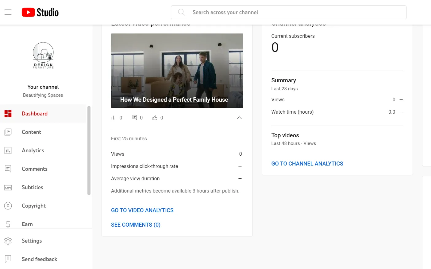 YouTube Studio dashboard