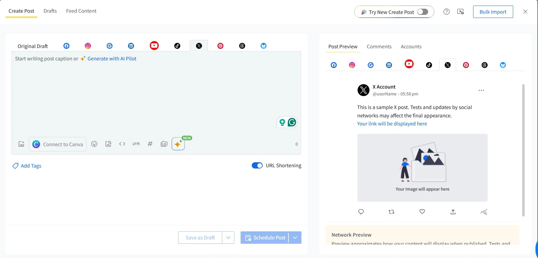 Scheduling an X post in SocialPilot's Create Post dashboard