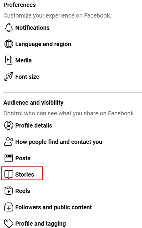 Stories setting in Facebook 