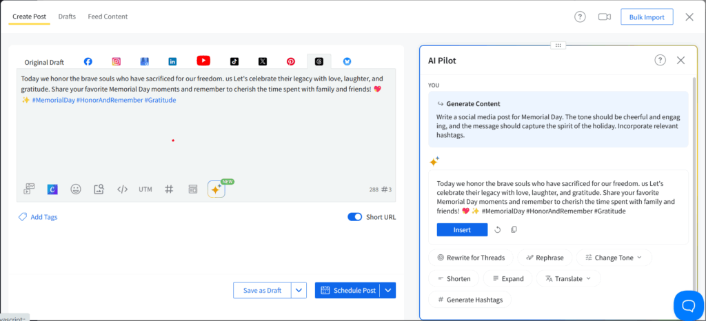 Generate hashtags using AI Pilot 