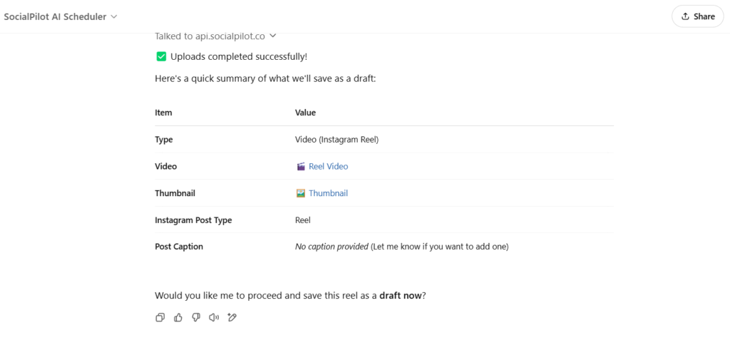 saving reels as drafts using SocialPilot AI scheduler