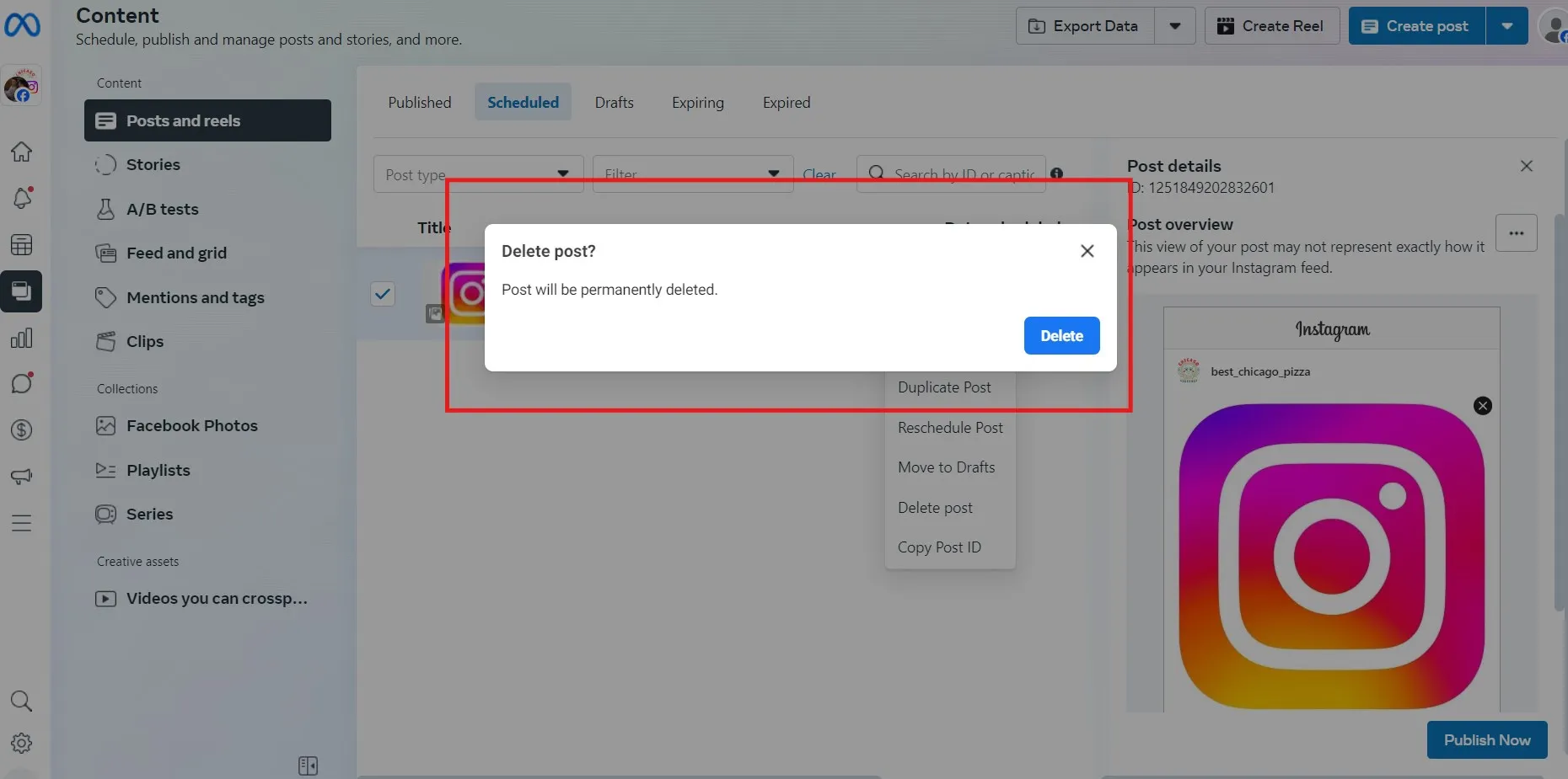 Confirm that you want to delete the post