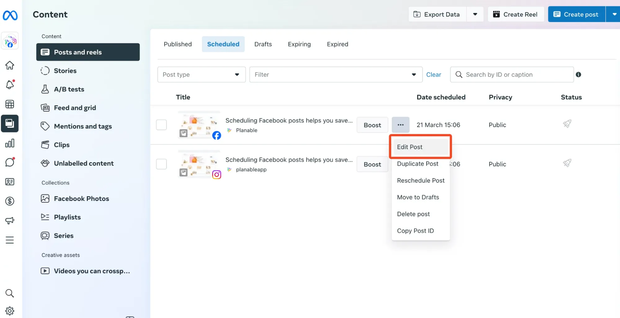 Select Reschedule Post or Edit Post