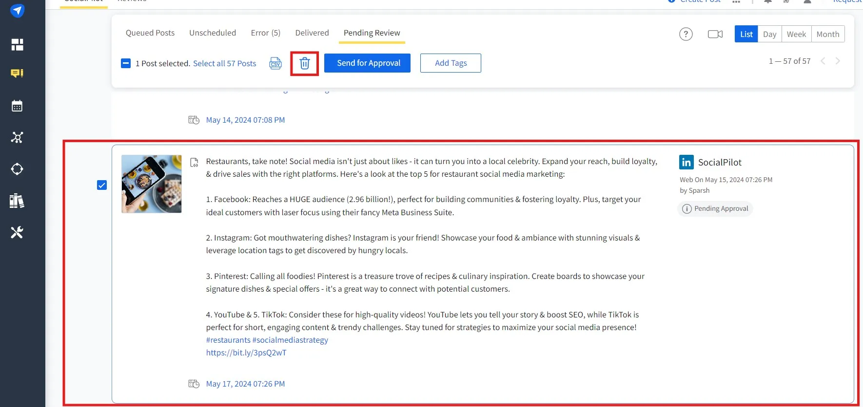 Select the post and click on the delete icon
