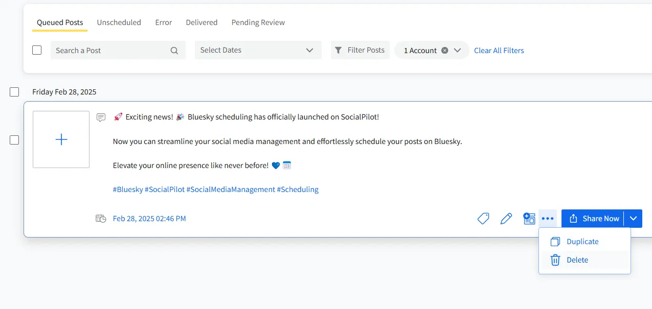 edit or delete Blusky post on desktop in SocialPilot tool edit or delete Blusky post on desktop in SocialPilot tool