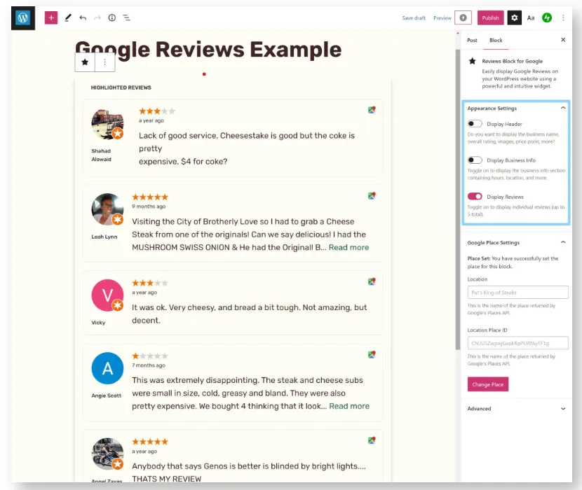 Add Google reviews block on WordPress sites to showcase customer feedback and increase conversion rate