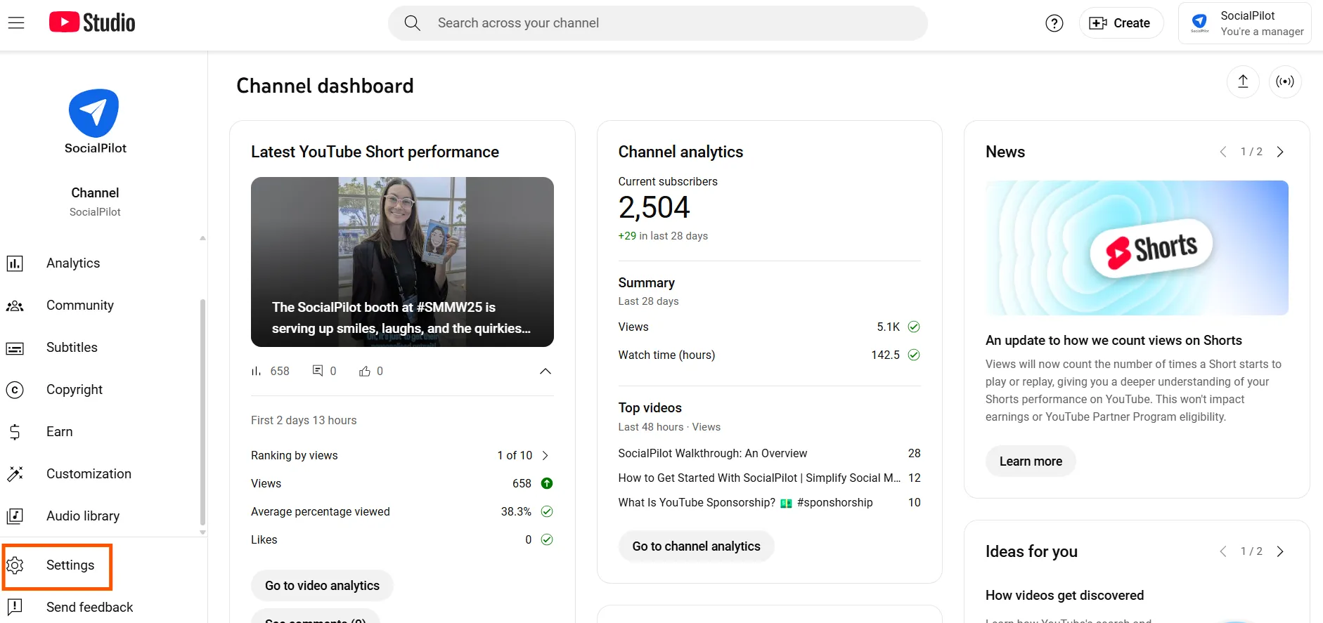 Click on settings in YouTube Studio