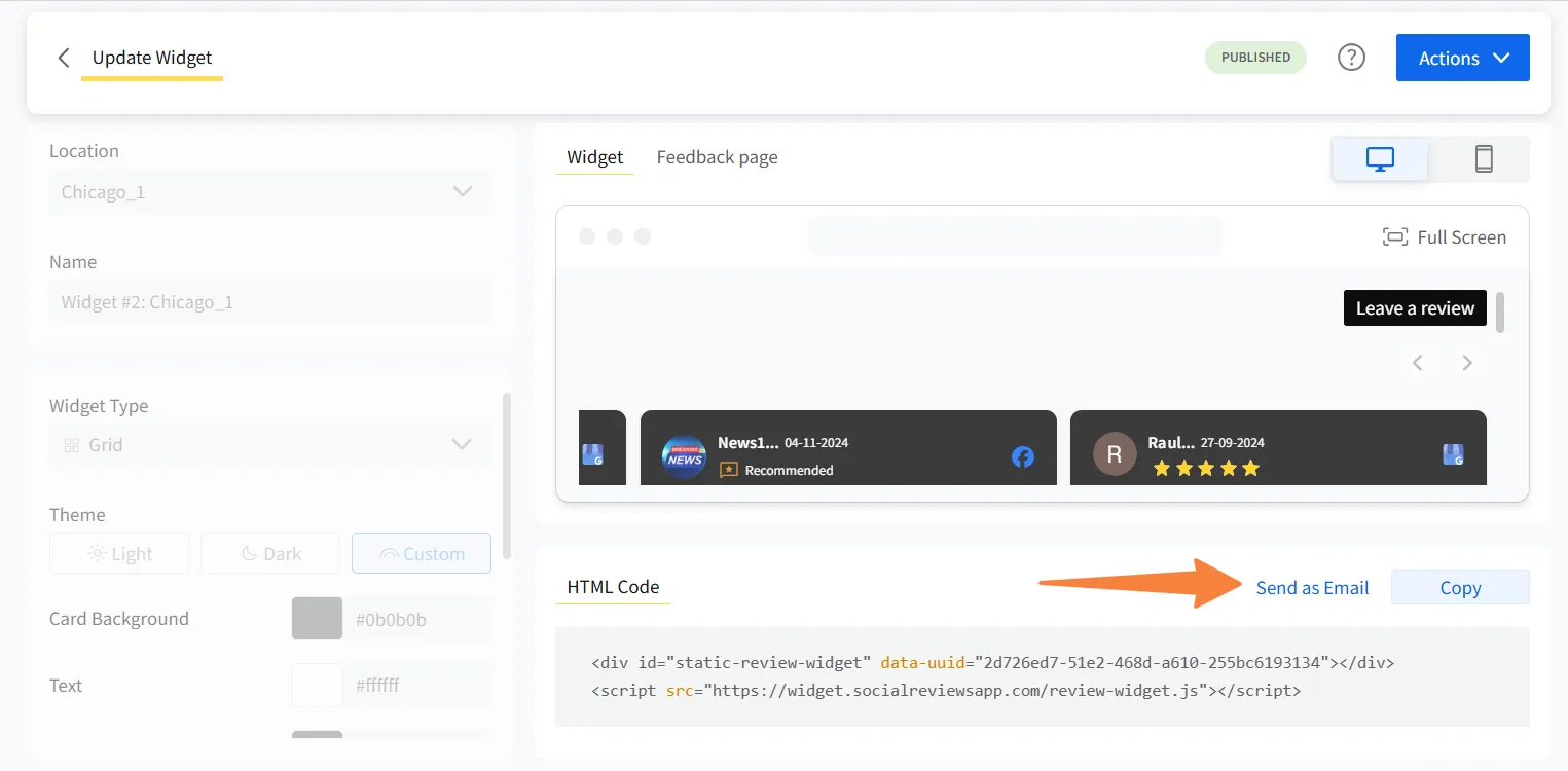 Copy WordPress Google Review Widget HTML code to paste in website pages