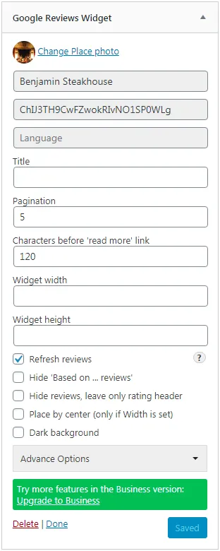 Google review widget settings for WordPress – customization option