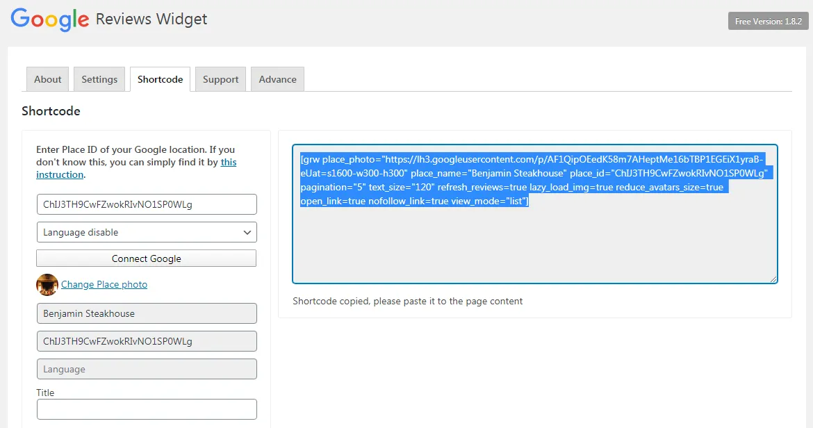 WordPress dashboard showing Google review plugin installation steps