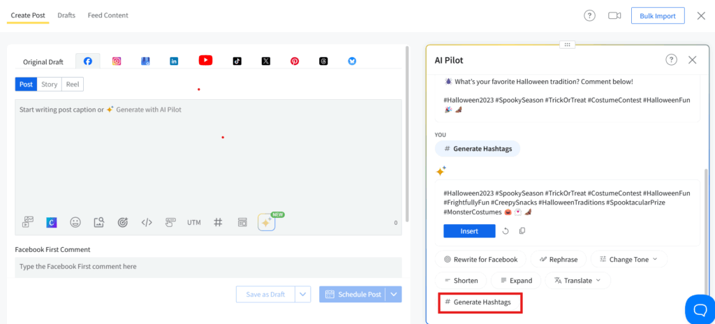 Generate hashtags with AI Pilot