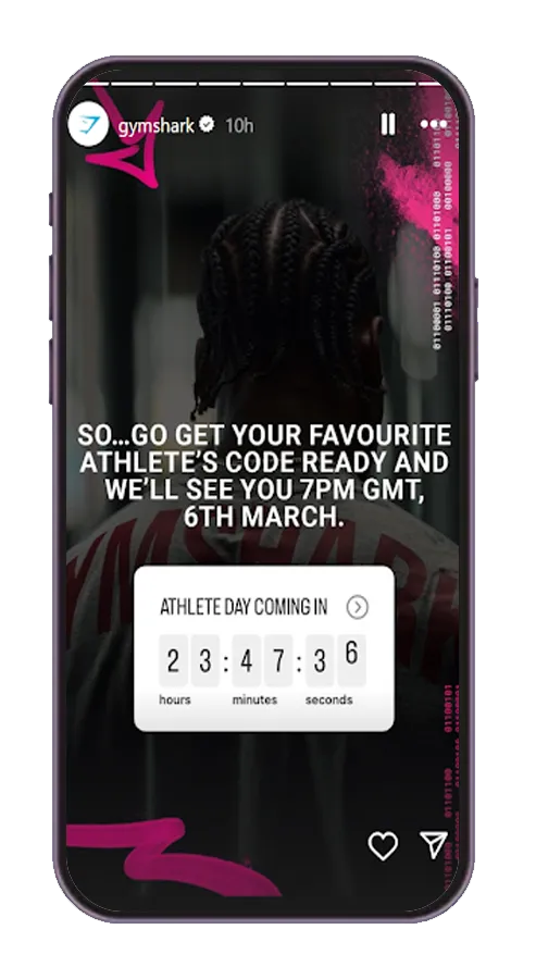 An Instagram story series from Gymshark teasing Athlete Day, showing a countdown timer with a background of a person with braided hair