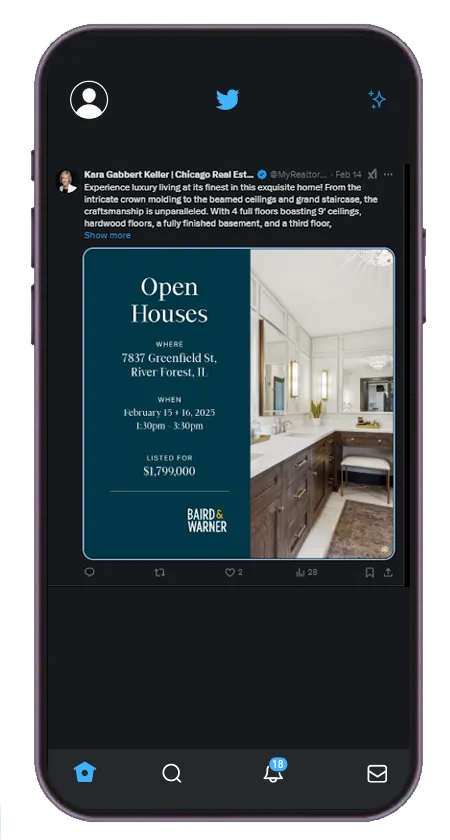 Instagram post on a phone from oneshotprod featuring a luxury estate with multiple photos and hashtags about real estate and Southern California Instagram post on a phone from oneshotprod featuring a luxury estate with multiple photos and hashtags about real estate and Southern California