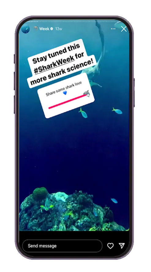 Instagram story from week showing a deep-sea diver surrounded by fish and coral during Shark Week