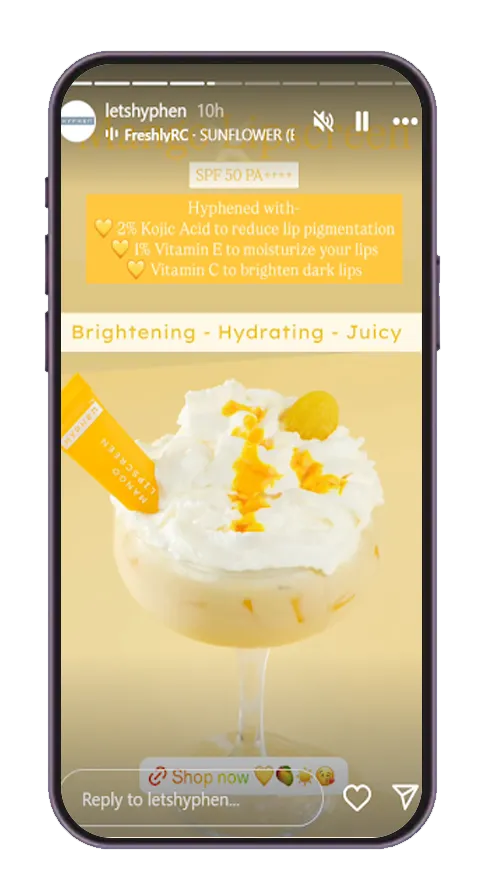 Instagram story from letshyphen promoting their Mango Lip Screen product