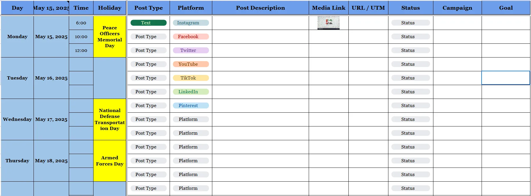 social media calendar template Google sheets weekly view