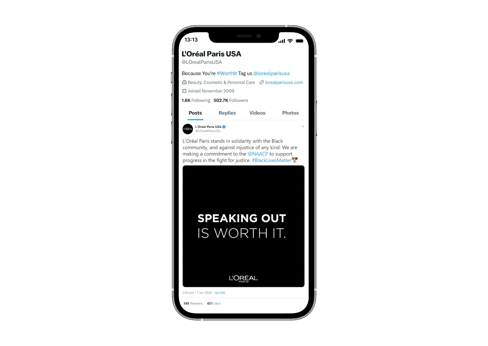 L'Oréal Paris USA Twitter post showing support for the Black community and commitment to the NAACP