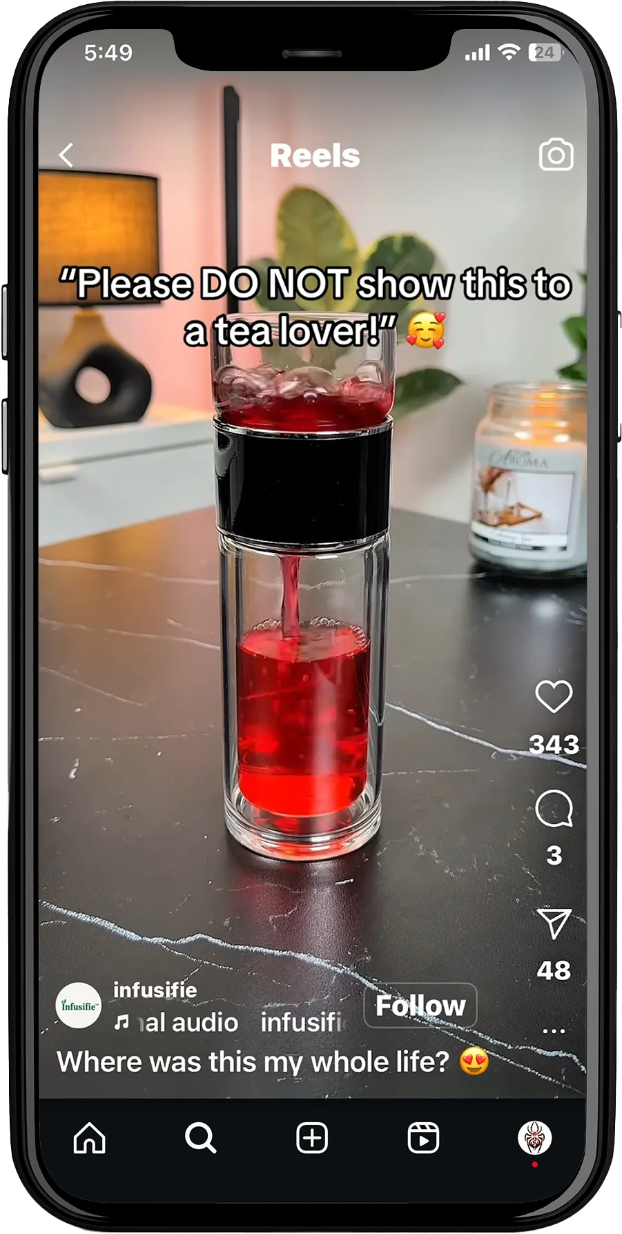 Please DO NOT show this to a real lover!' attributed to the username 'intusifie' with a note about audio. Below is a 'Follow' button and a comment: 'Where was this my whole life?
