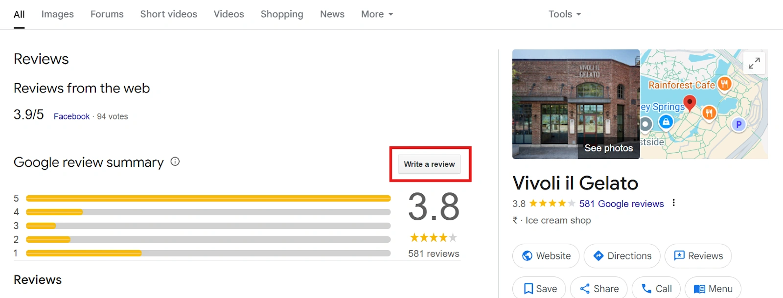 Link displaying number of reviews on Google