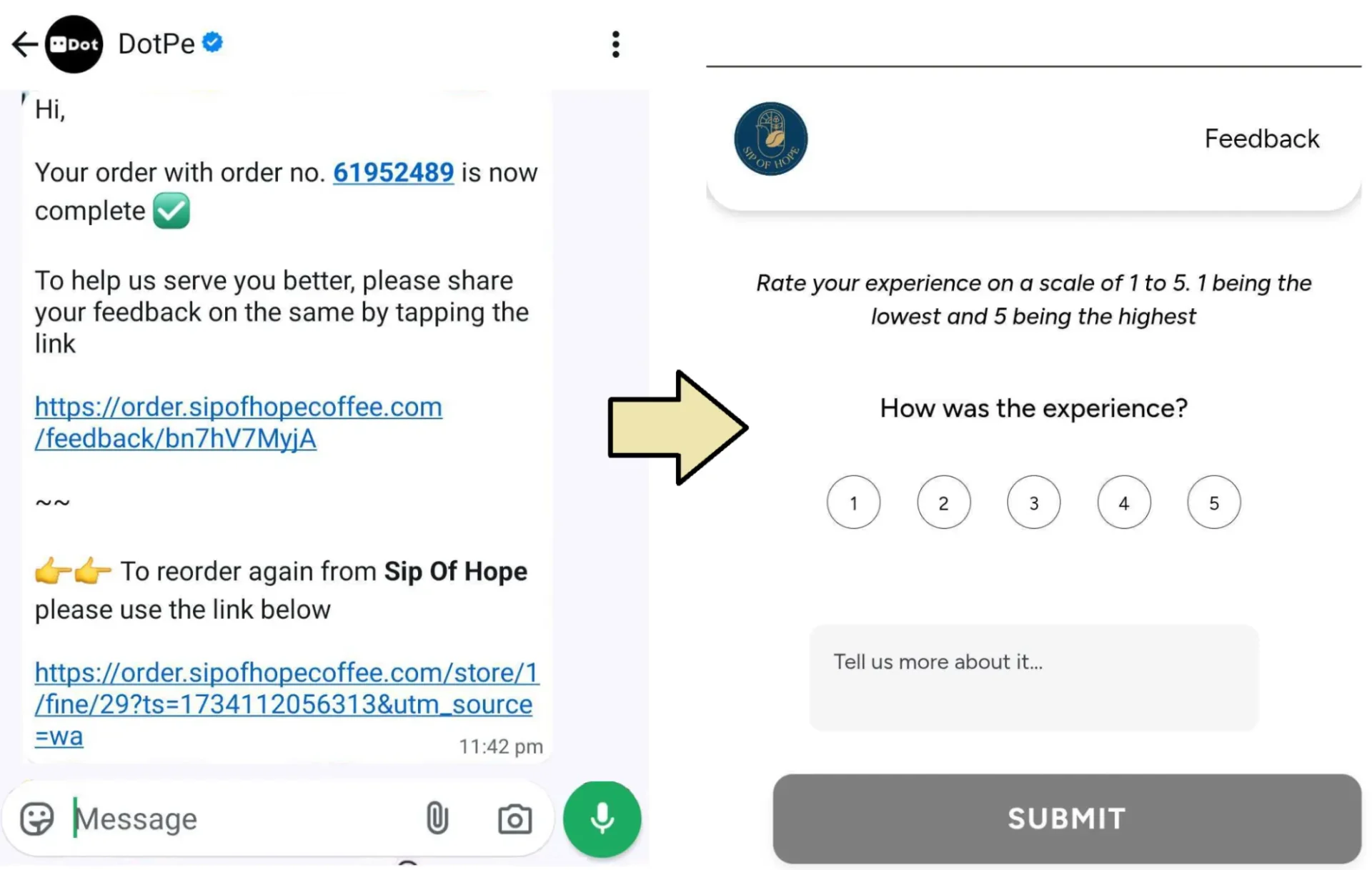 A business asking for a quick review through a WhatsApp message, leading to their simple feedback page, where the customer can provide a rating A business asking for a quick review through a WhatsApp message, leading to their simple feedback page, where the customer can provide a rating