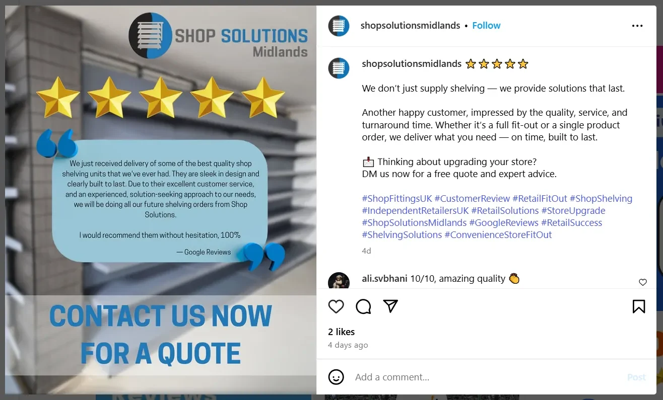 A business has shared a customer review on their Instagram page A business has shared a customer review on their Instagram page