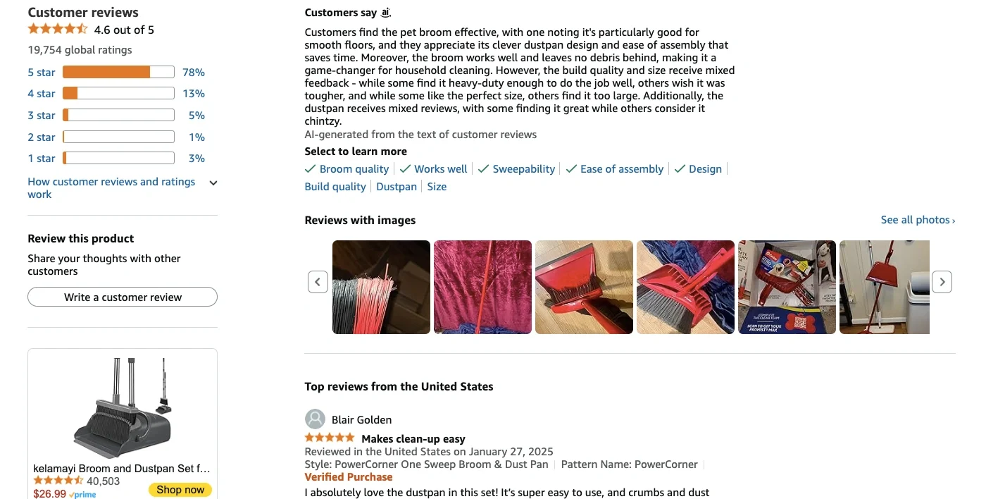 A detailed Amazon product page showing customer reviews, ratings, and images to highlight social proof.