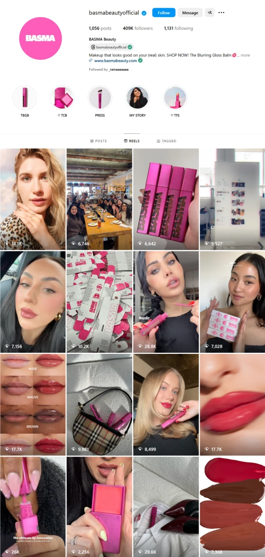 Basma Beauty Instagram Feed Basma Beauty's Instagram feed featuring their premium beauty products like lip balms and skincare solutions. The image showcases the brand's signature pink aesthetic and product packaging, emphasizing their commitment to makeup that looks good on real skin