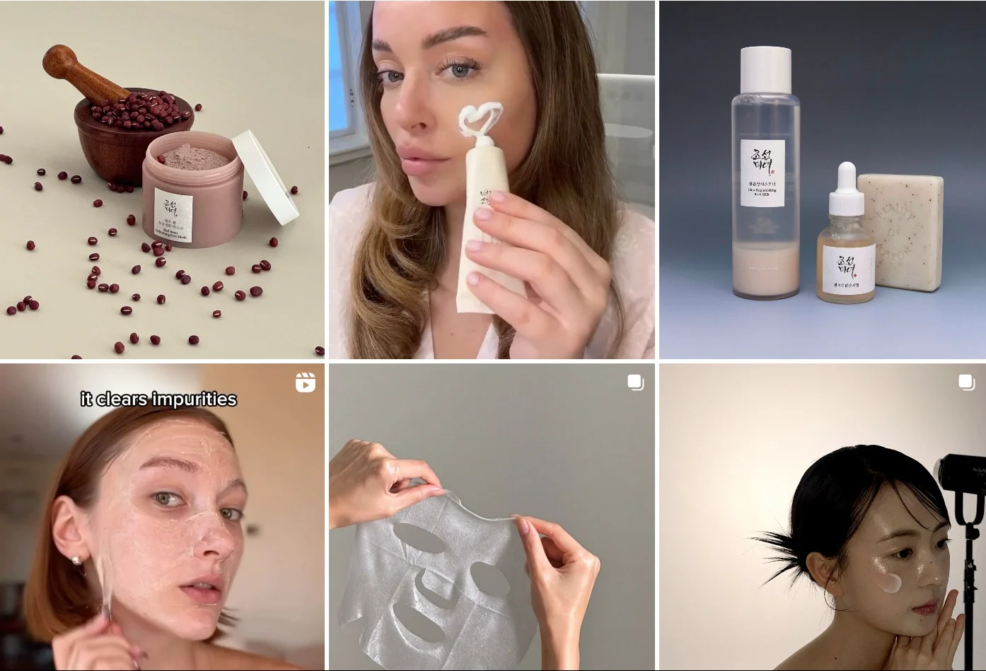 Beauty of Joseon Instagram feed displaying products with ingredients Intagram feed of Beauty of Joseon displaying Skincare items including a clay mask and facial serum surrounded by natural ingredients like beans, showcasing the purity and natural essence of the products