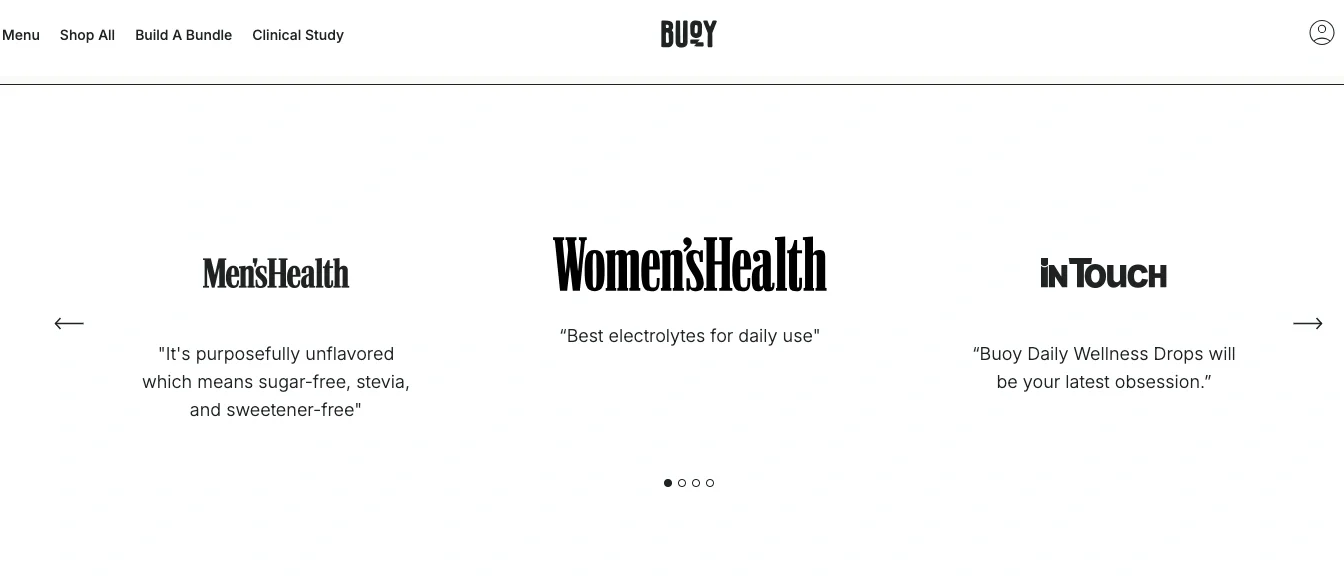 Buoy Wellness Drops featured in Men’s Health and Women’s Health, praised for being sugar-free and offering daily electrolytes.