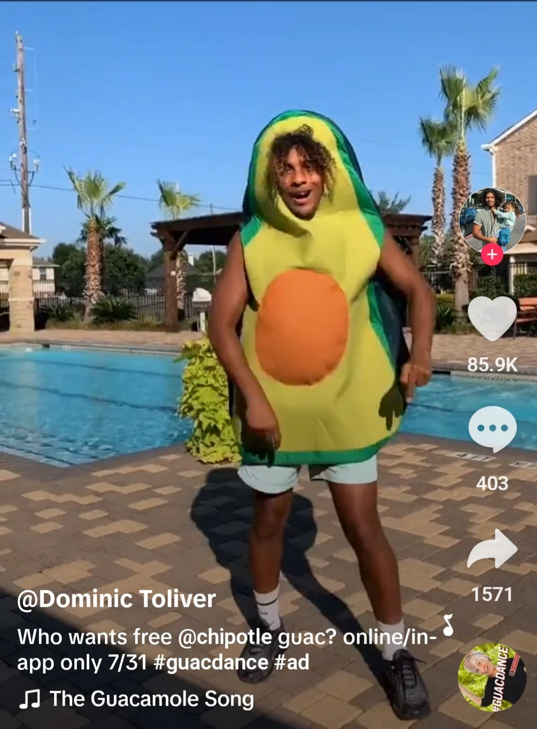 Chipotle Guac Dance Challenge - Avocado Costume Fun A man wearing an avocado costume dancing by a poolside to the Guacamole Song, promoting Chipotle's Guac Dance Challenge