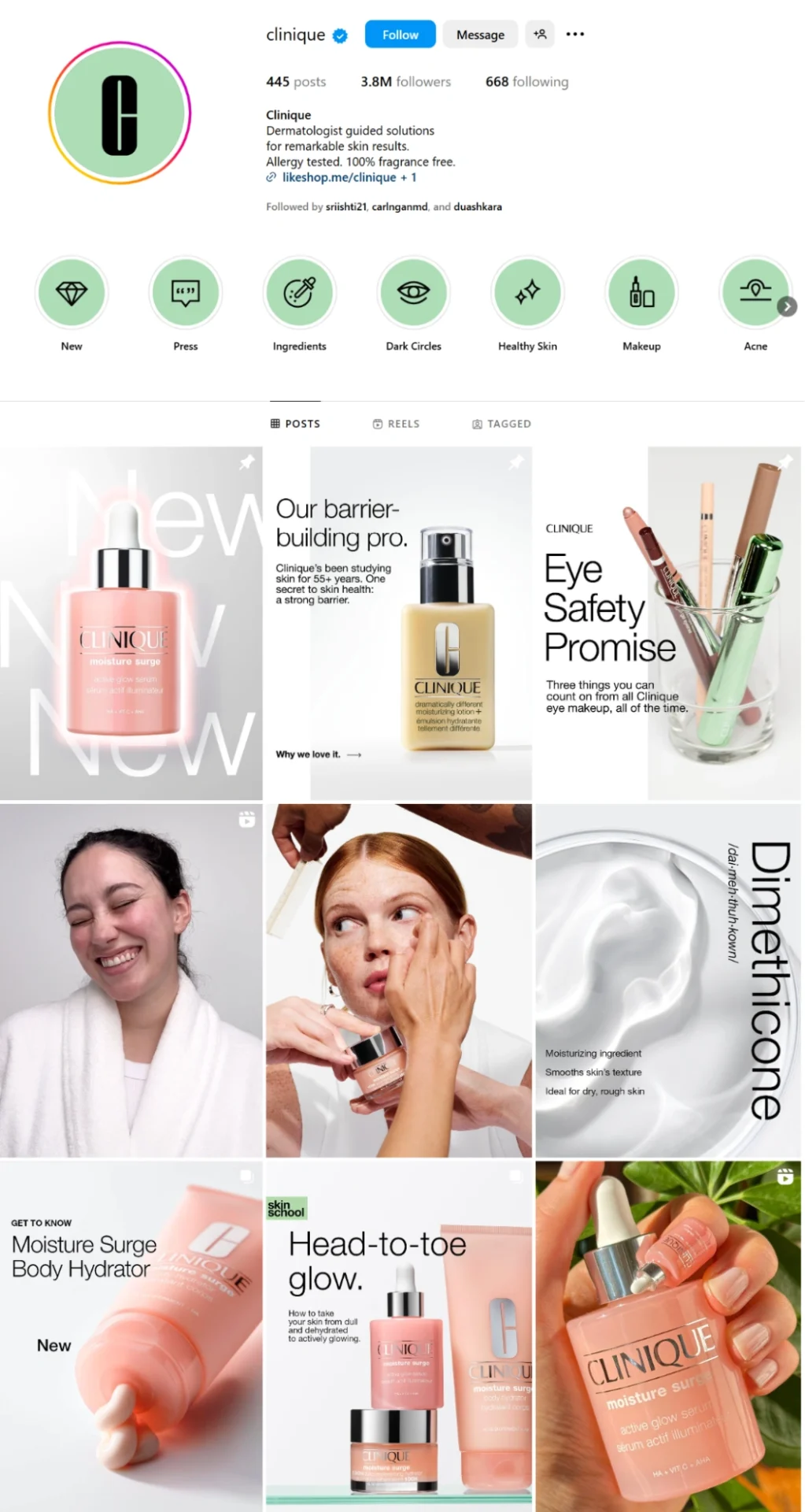 Clinique Instagram Feed – Consistent Visual Theme Clinique's Instagram feed showcasing their skincare products with a consistent and clean visual theme. The imagery highlights their focus on simplicity and clarity
