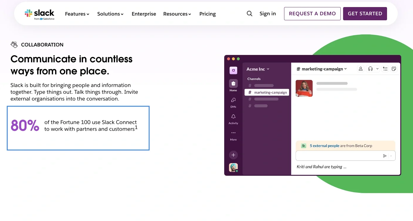 Slack's interface showcasing team collaboration and its integration with external partners, with a focus on Fortune 100 usage