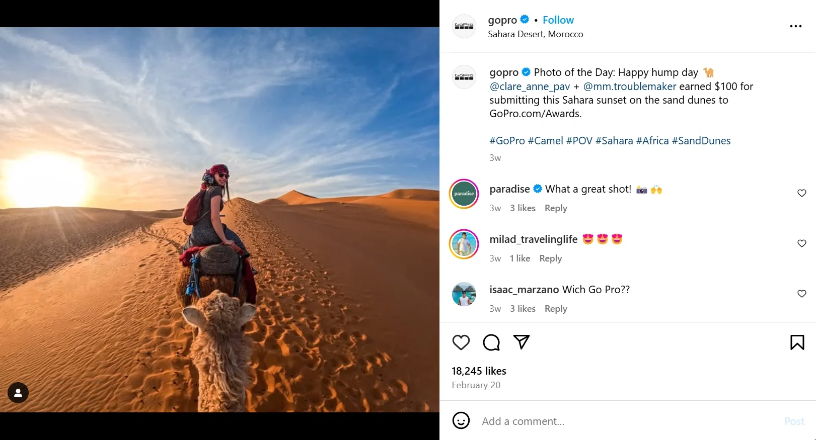 GoPro Photo of the Day - Sahara Desert Sunset A stunning photo of a rider on a camel in the Sahara Desert at sunset, captured by a GoPro for the Photo of the Day contest