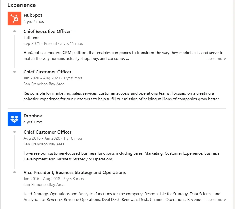 Detailed LinkedIn experience section showing roles like Chief Executive Officer and Chief Customer Officer at HubSpot and Dropbox, with responsibilities listed
