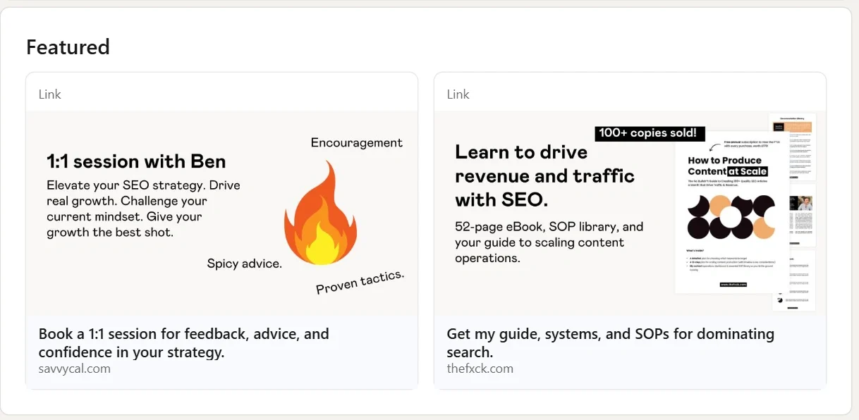 LinkedIn Featured Section Showcasing SEO Services and Ebook