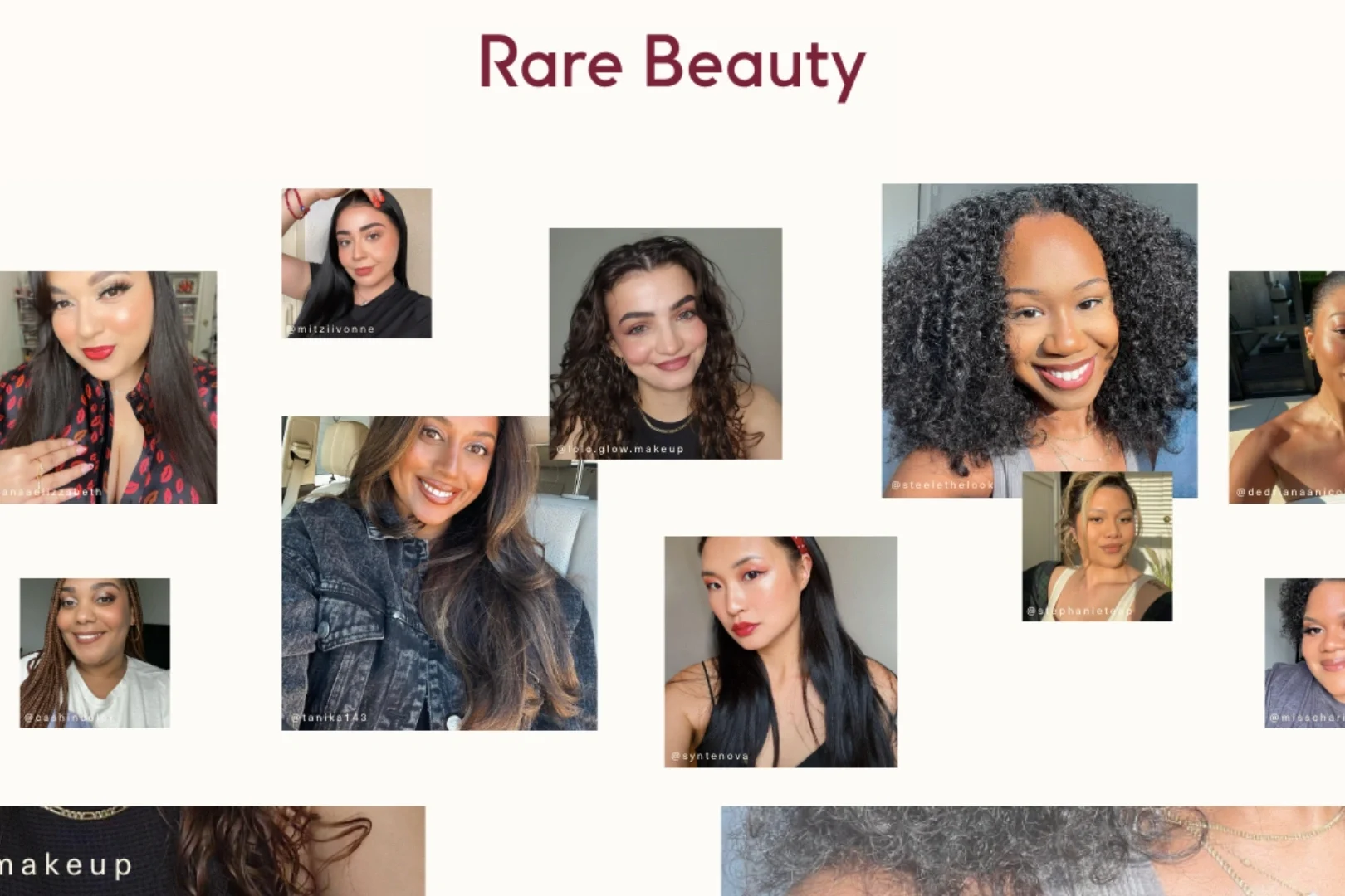 A collage of user-generated content featuring customers using Rare Beauty products, highlighting the brand’s social proof through real customer photos.