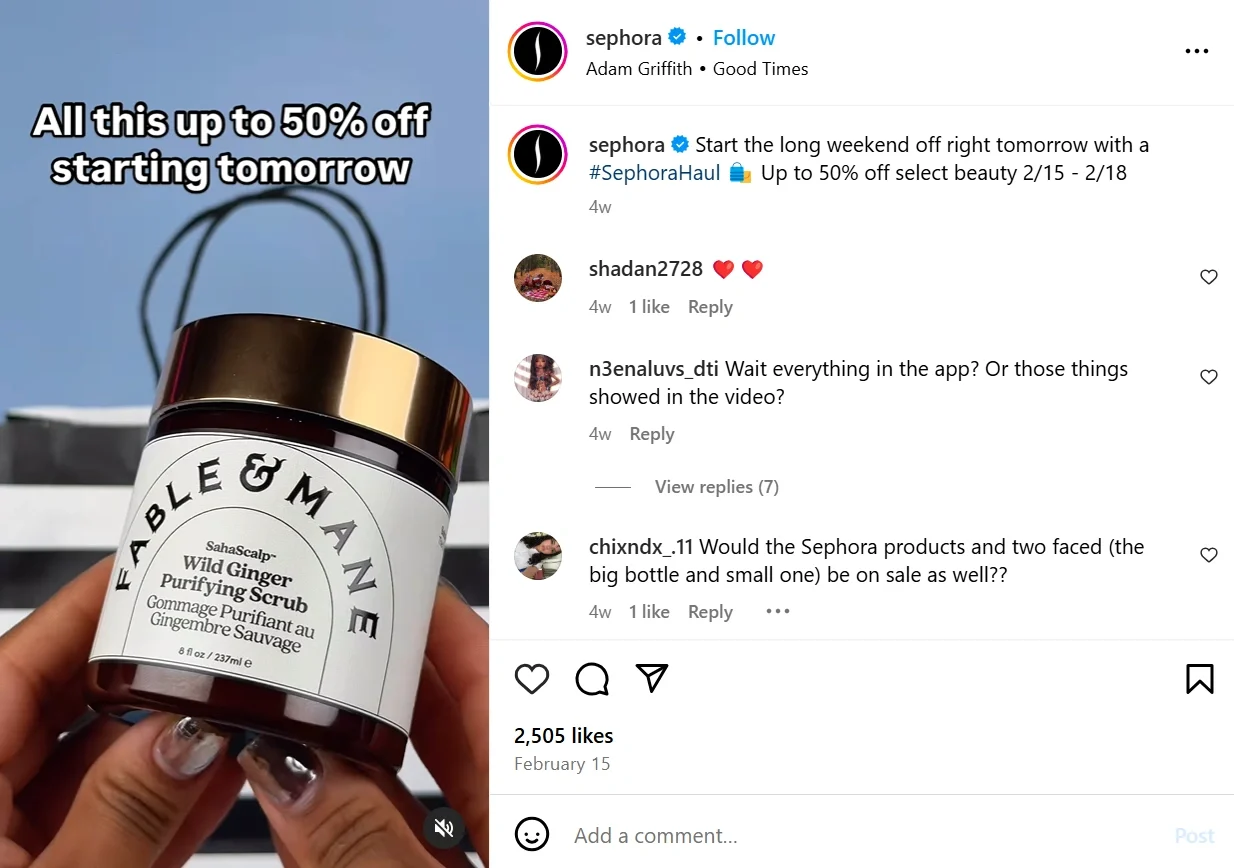 Sephora Haul - Up to 50% Off Beauty Products Sephora promoting a beauty sale with up to 50% off on select products, highlighted by a wild ginger purifying scrub
