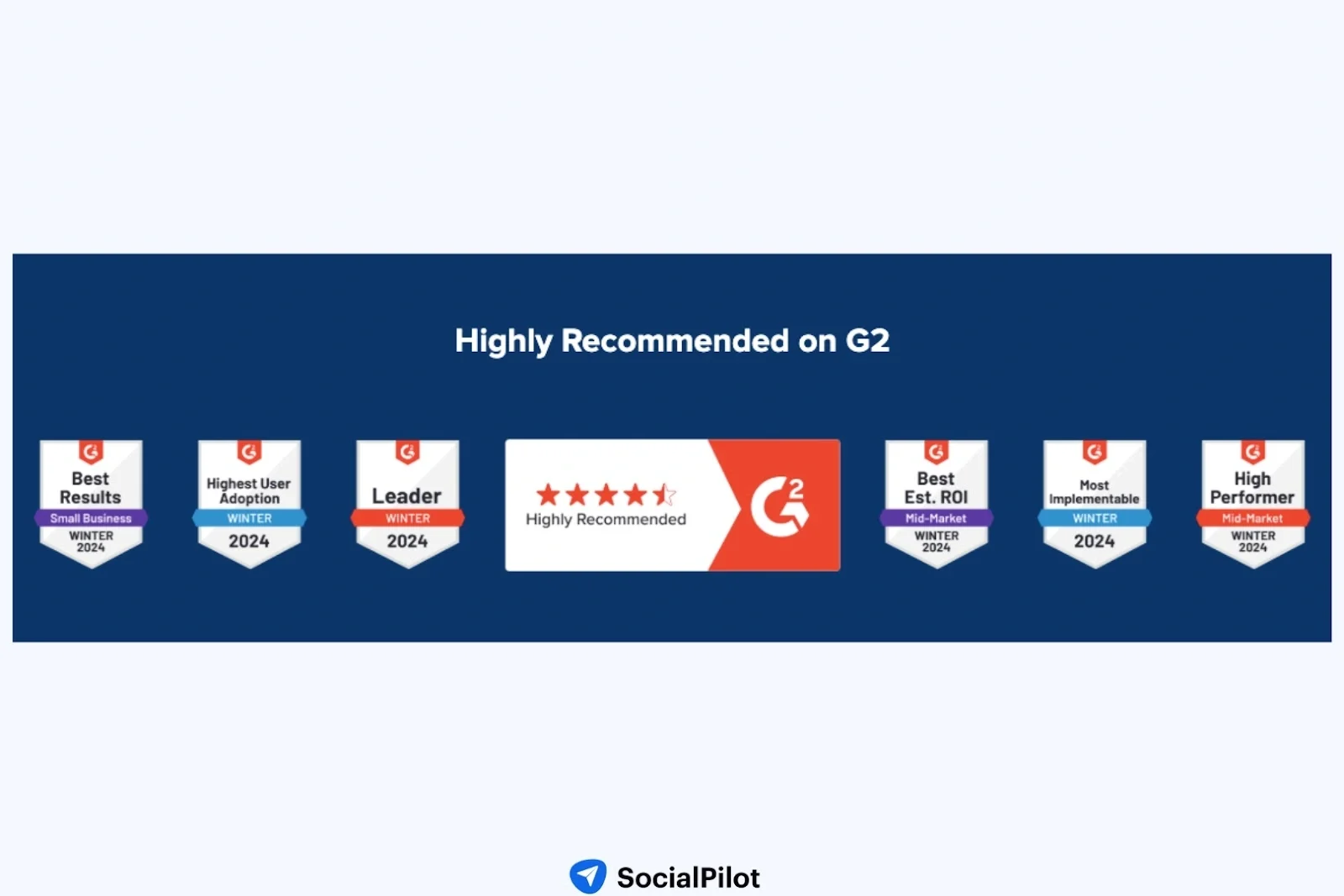 SocialPilot's accolades on G2, including Best Results, Leader, and Highest User Adoption for Winter 2024.
