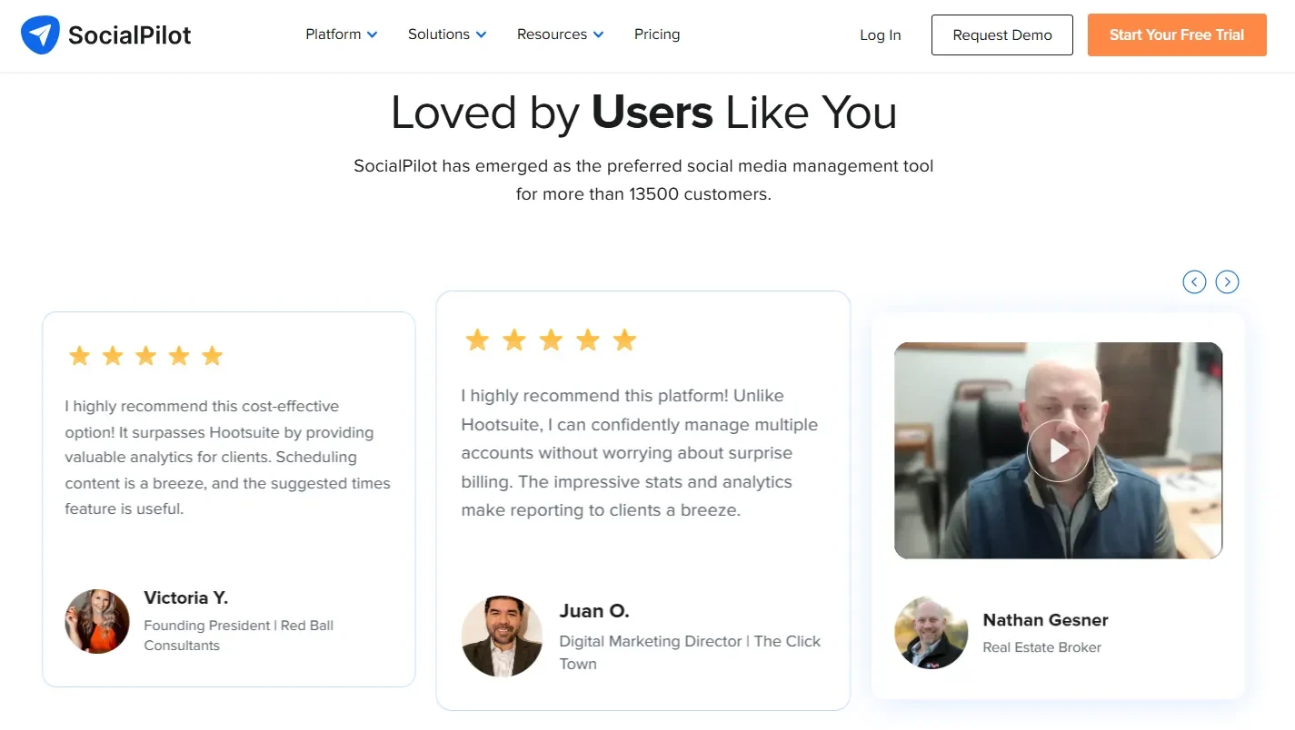 Testimonial displayed as carousel on the SocialPilot homepage Testimonial displayed as carousel on the SocialPilot homepage