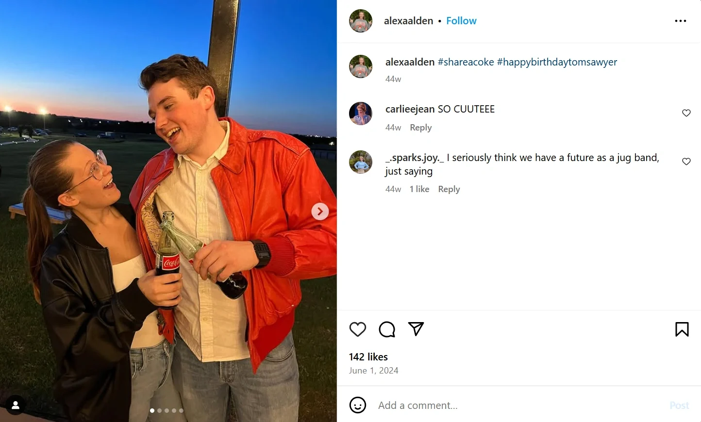 Two Friends Enjoying a Coca-Cola on a Beautiful Day A couple laughing together while holding Coca-Cola bottles at sunset during a fun outing
