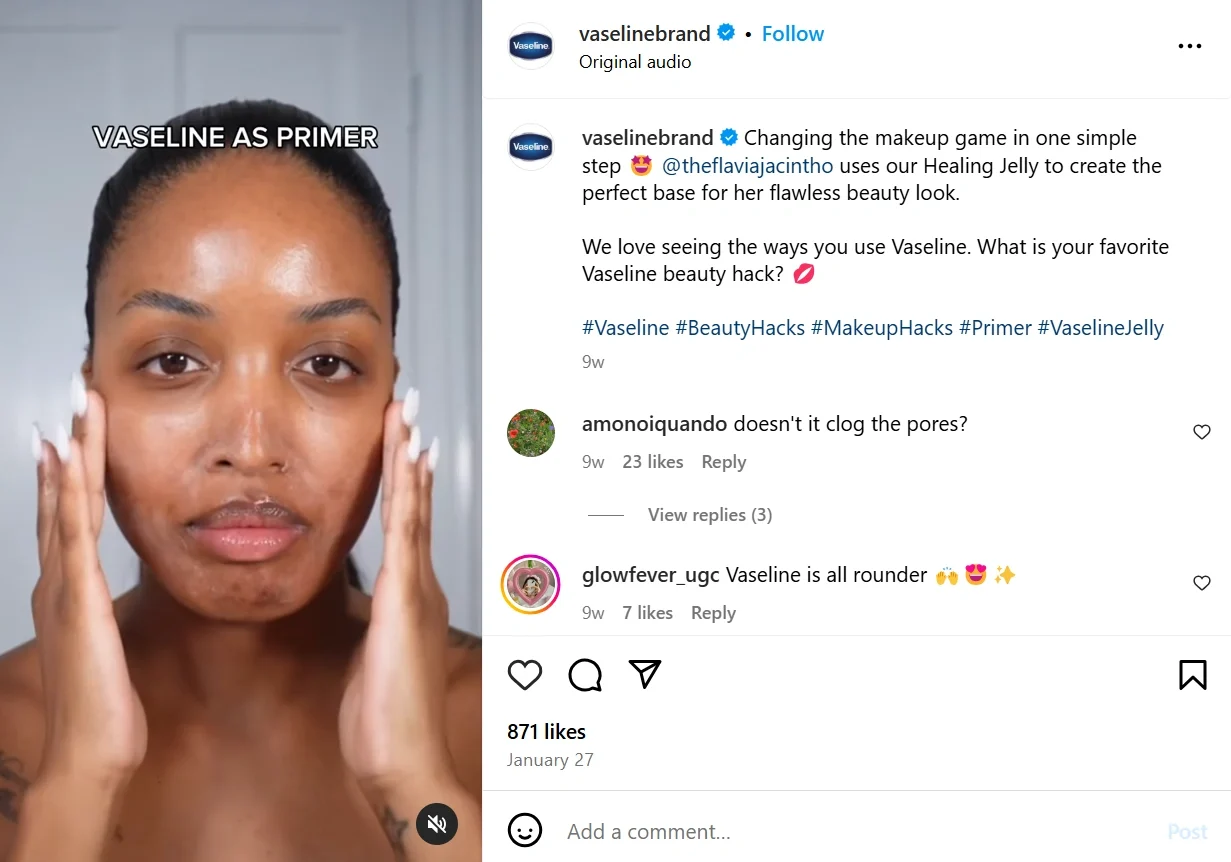 Vaseline Beauty Hack - Using Healing Jelly as a Primer A woman applying Vaseline Healing Jelly as a primer for makeup, demonstrating a beauty hack for flawless skin