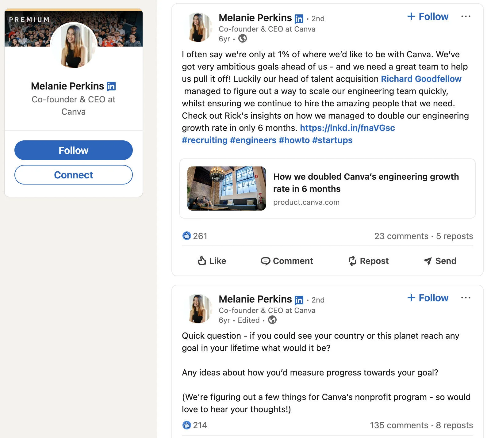 Image of Melanie Perkins’ LinkedIn profile from her early days as Canva’s co-founder Image of Melanie Perkins’ LinkedIn profile from her early days as Canva’s co-founder