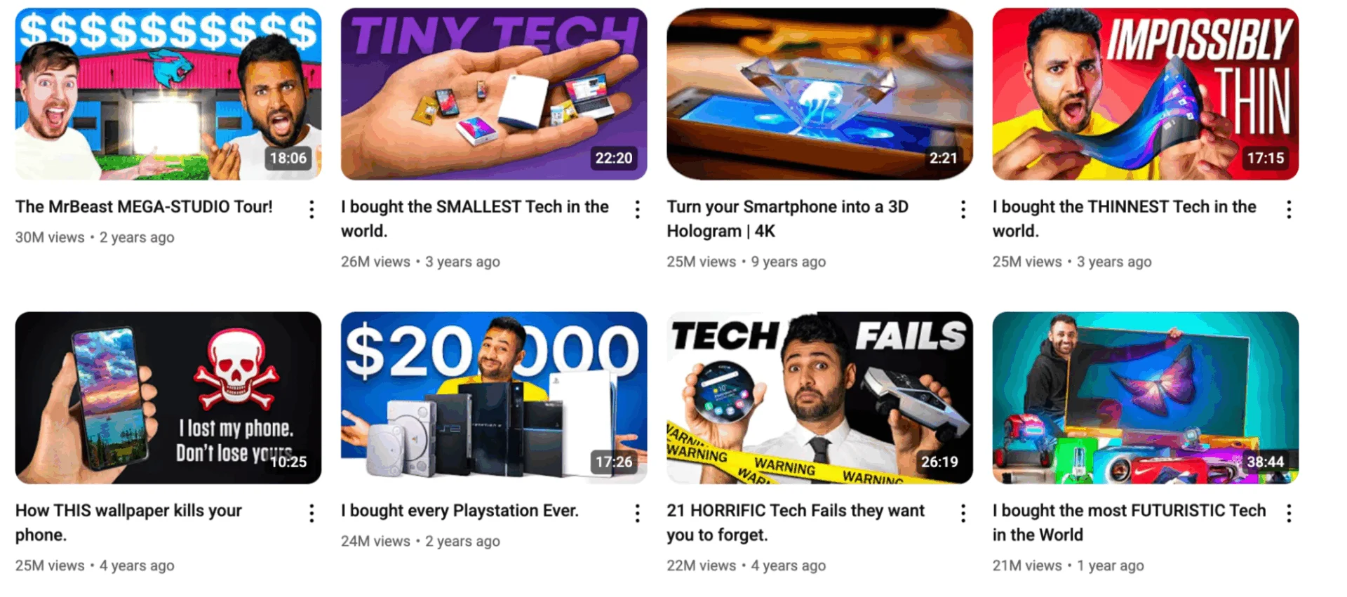 Image of Mrwhosetheboss’s diverse thumbnails and catchy titles