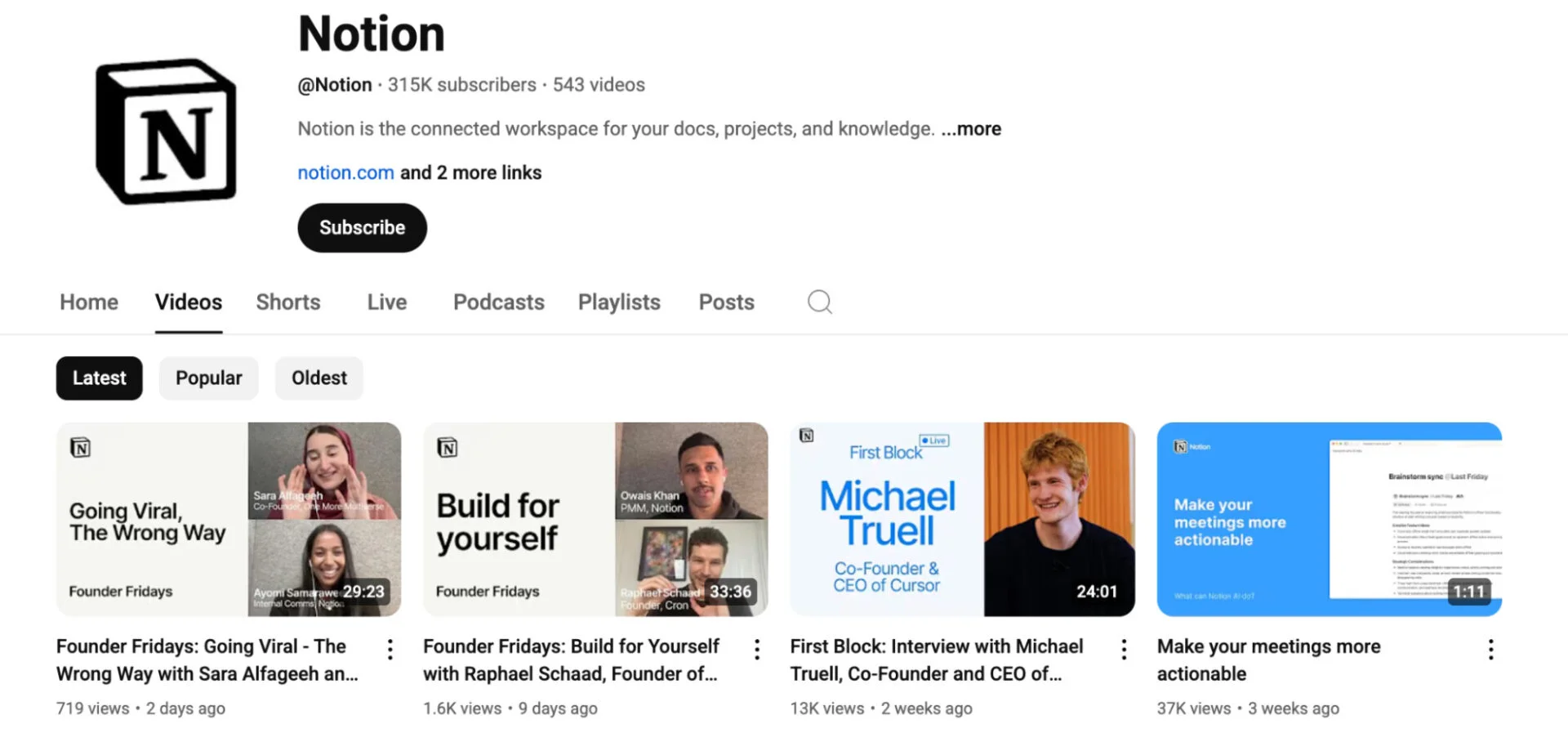 Image of Notion’s YouTube channel with latest videos