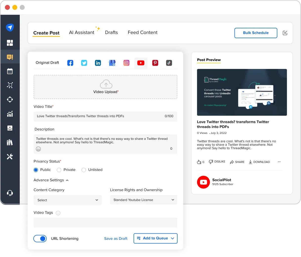 SocialPilot's YouTube post composer