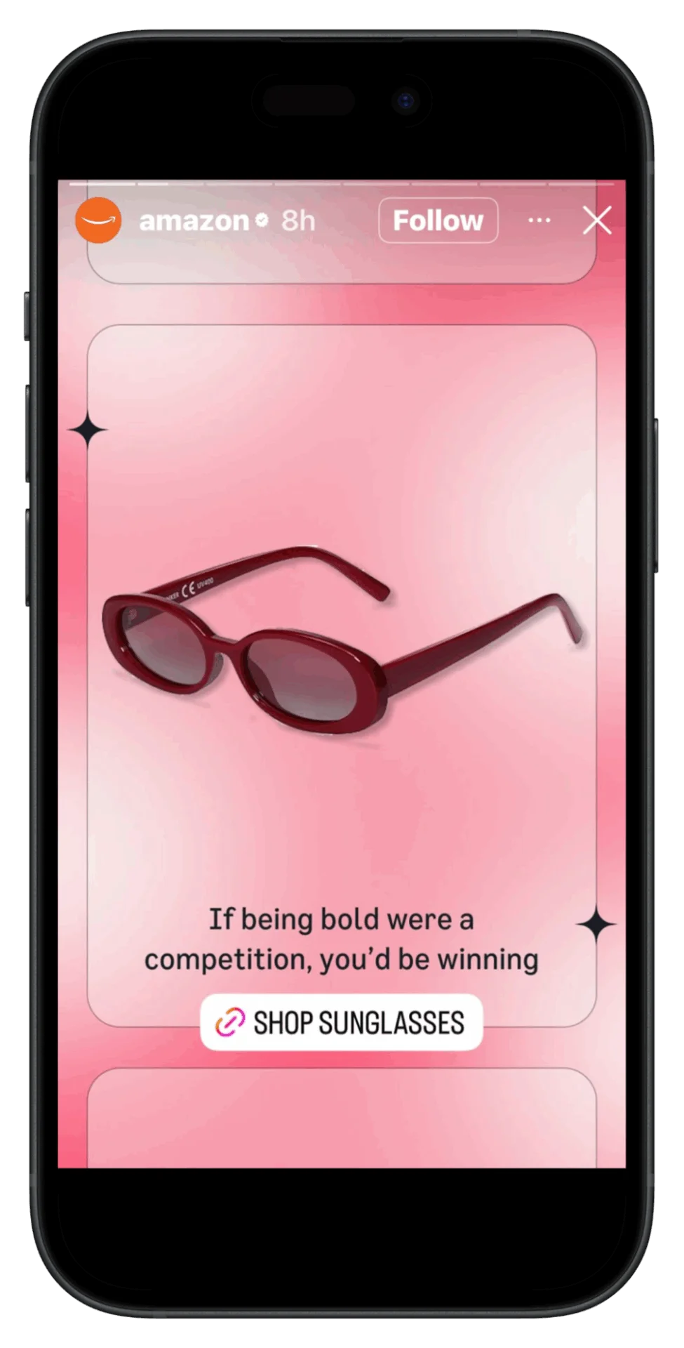 Example of a stylish Instagram Story from Amazon featuring a playful caption to promote and shop for sunglasses