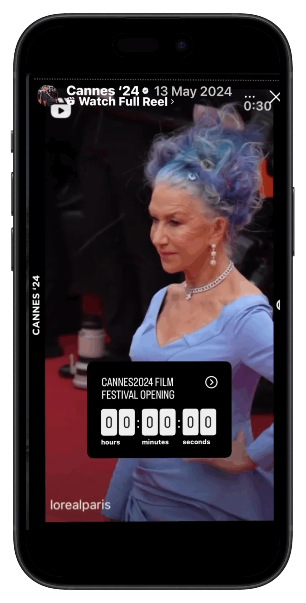 Example of an Instagram Story using a countdown sticker to build anticipation for an event, like the LOréal Paris presence at Cannes 2024